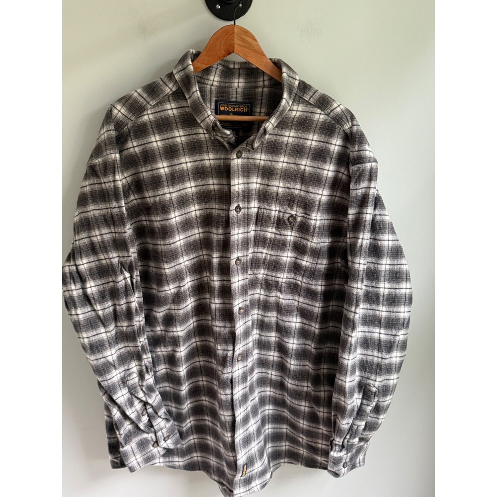 Woolrich John Rich and Bros Mens 2XL Flannel Shirt Grey White Plaid Cotton L/S